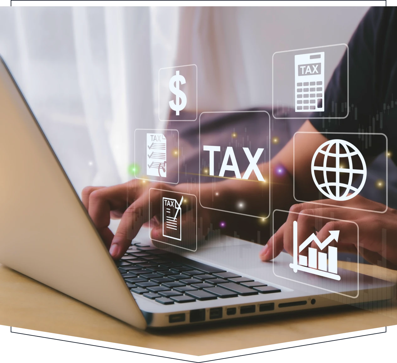 Person using laptop with tax-related icons.